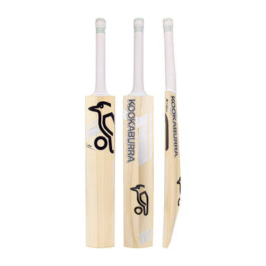 Three views of the Kookaburra Ghost 7.1 Cricket Bat 2026 by Kookaburra, featuring a light wood finish, white grip, black branding on all sides, and an Armourtec face for enhanced durability.
