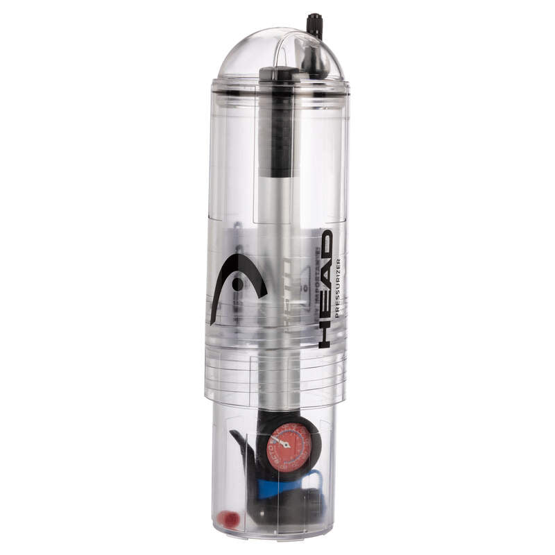 The Head X4 Pump Ball Pressuriser by Head is a clear cylindrical pressurizer featuring a gauge and valve, perfect for maintaining ideal pressure in your tennis or padel balls.
