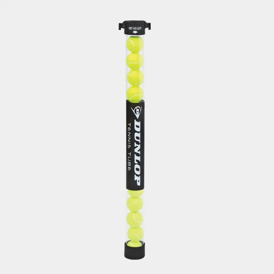 The Dunlop Pick-up Tube is a clear tube with black caps at both ends, designed by Dunlop to stack and collect multiple yellow tennis balls easily for convenient ball pick-up on the court.
