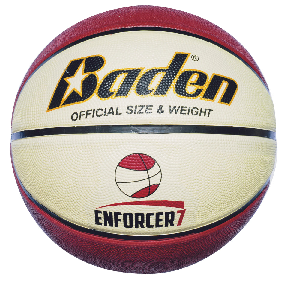 The Baden Enforcer Basket Ball by Baden Sports features eye-catching red and cream panels, highlighted by the brand logo, a small basketball graphic, and the text “Official Size & Weight.” Designed as a dependable training ball, it incorporates Cushion Control Technology to enhance grip and comfort during use.