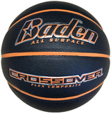 The Baden Crossover Basketball by Baden Sports is a black basketball with orange lines and “Baden All Surface” and “Crossover Flex Composite” text. Featuring a durable flex composite cover, it’s suitable for use as both an indoor and outdoor basketball.