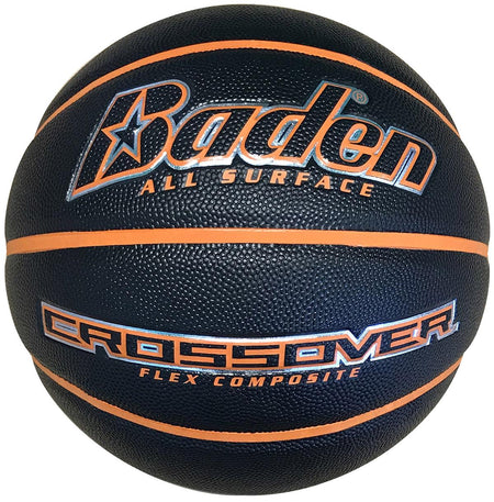 The Baden Crossover Basketball by Baden Sports is a black basketball with orange lines and “Baden All Surface” and “Crossover Flex Composite” text. Featuring a durable flex composite cover, it’s suitable for use as both an indoor and outdoor basketball.