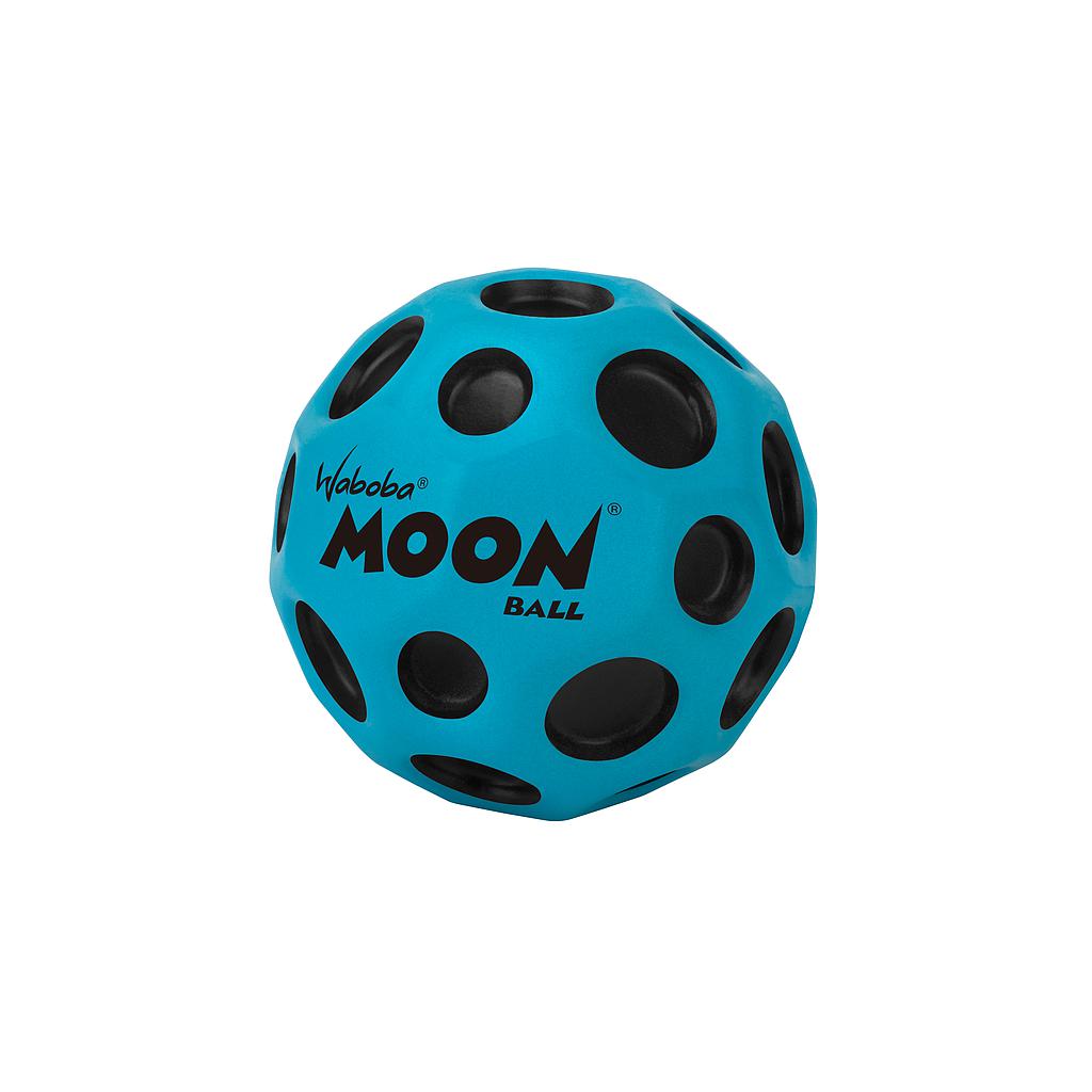 A blue Waboba Original Moon Ball by Waboba, featuring black crater-like indents and "Waboba MOON BALL" text, is displayed on a white background. This ball defies gravity, bouncing up to 30 meters for endless fun.