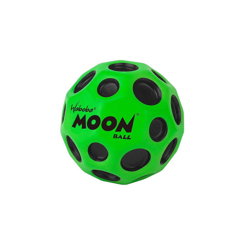 A green Waboba Original Moon Ball by Waboba, featuring black circular indents and “Waboba Moon Ball” text, is gravity-defying and bounces up to 30 meters. Shown isolated on a white background.