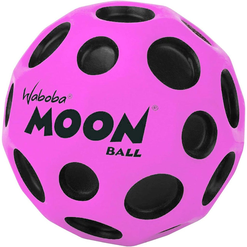 The Waboba Original Moon Ball by Waboba is a bright pink, hyper-bouncing ball with black circular indents and "MOON BALL" printed on it; it bounces up to 30 meters high.