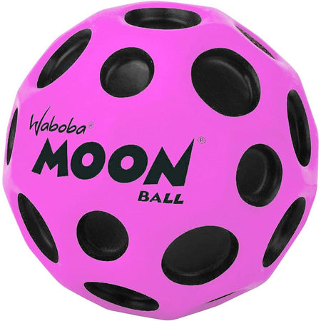 The Waboba Original Moon Ball by Waboba is a bright pink, hyper-bouncing ball with black circular indents and "MOON BALL" printed on it; it bounces up to 30 meters high.