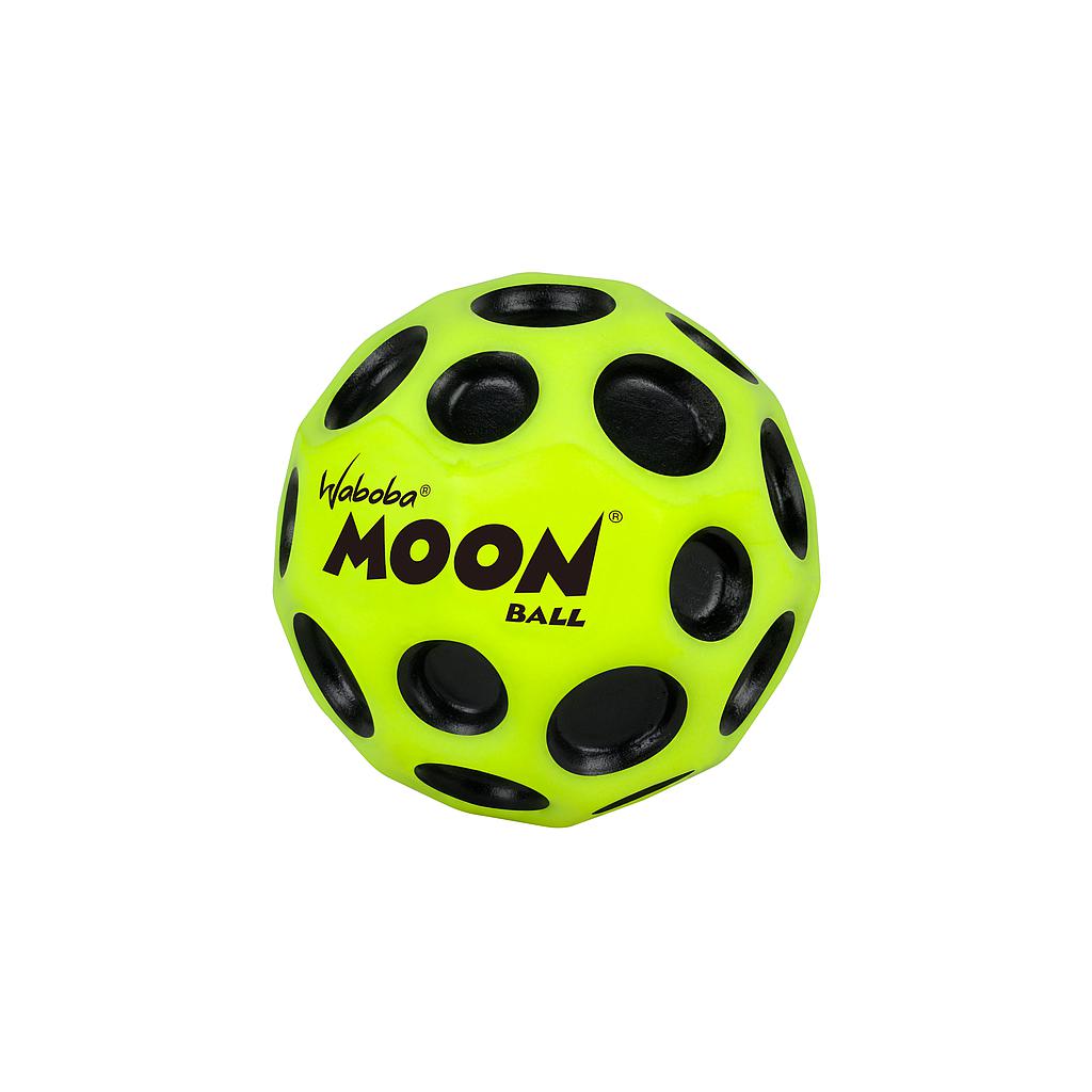 A bright yellow Waboba Original Moon Ball with black circular holes and the Waboba logo, set against a white background. This gravity-defying ball can bounce up to 30 meters high.