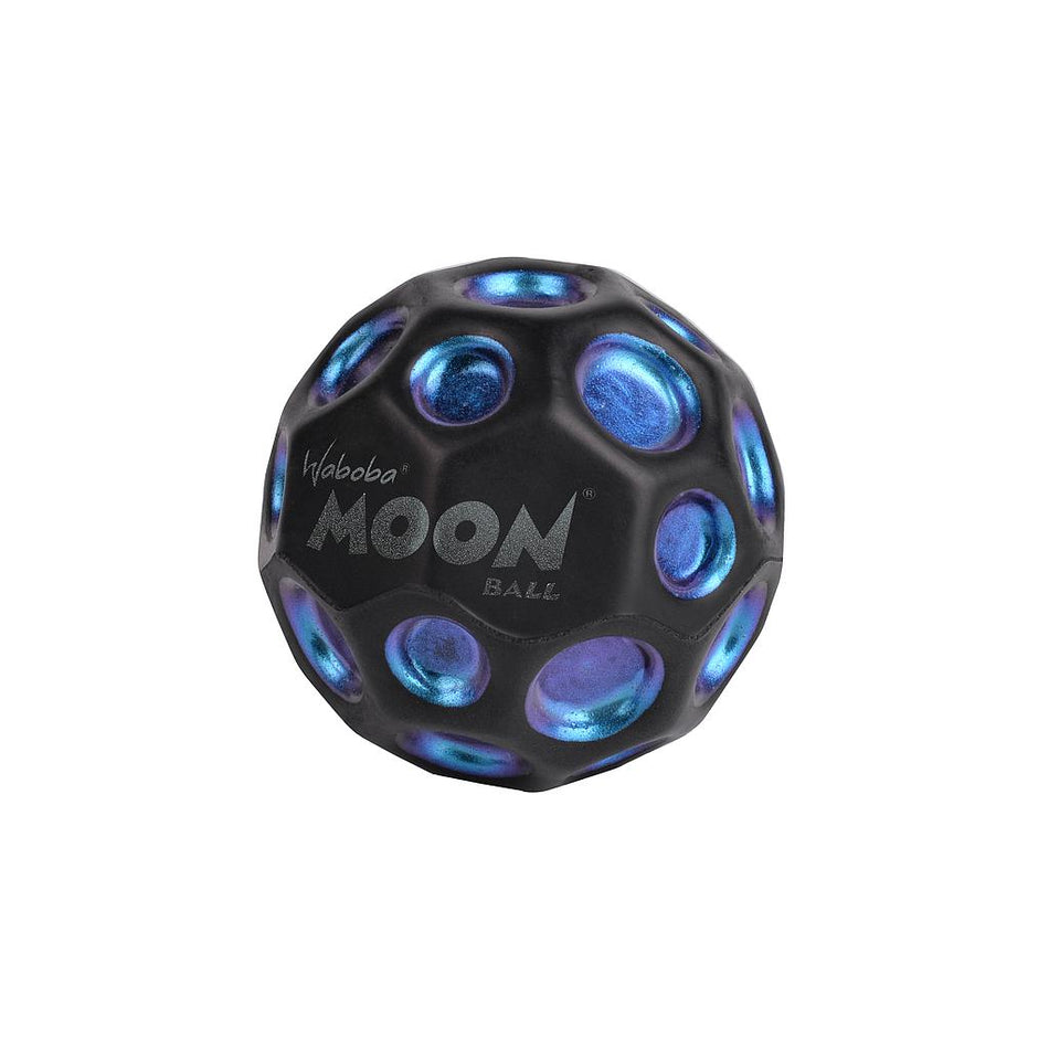 A blue Waboba Dark Side of Moon Ball with circular indentations is shown on a white background. The brand name and product name are printed in white on this hyper bouncing ball.