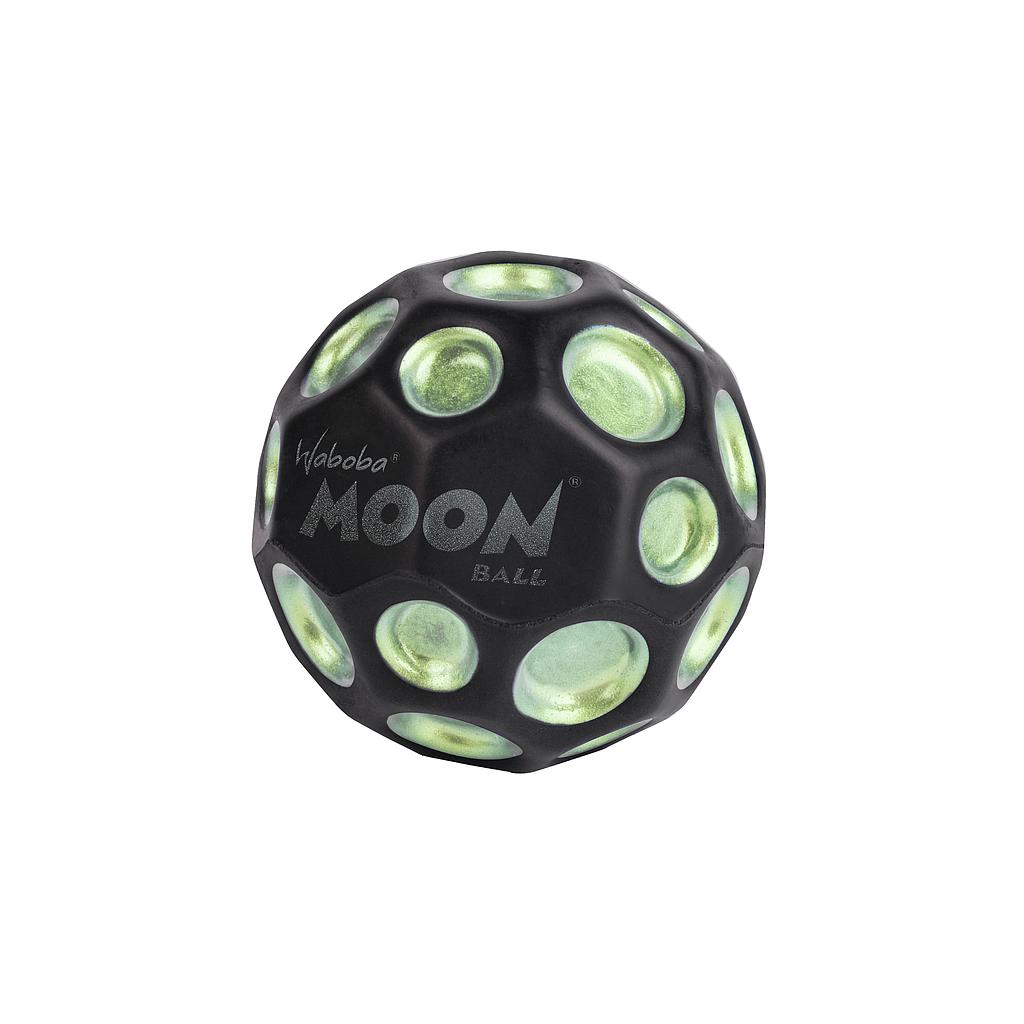 The Waboba Dark Side of Moon Ball is a green, hyper-bouncing ball by Waboba, featuring crater-like dimples and the words "Waboba MOON BALL" printed in white on its side.
