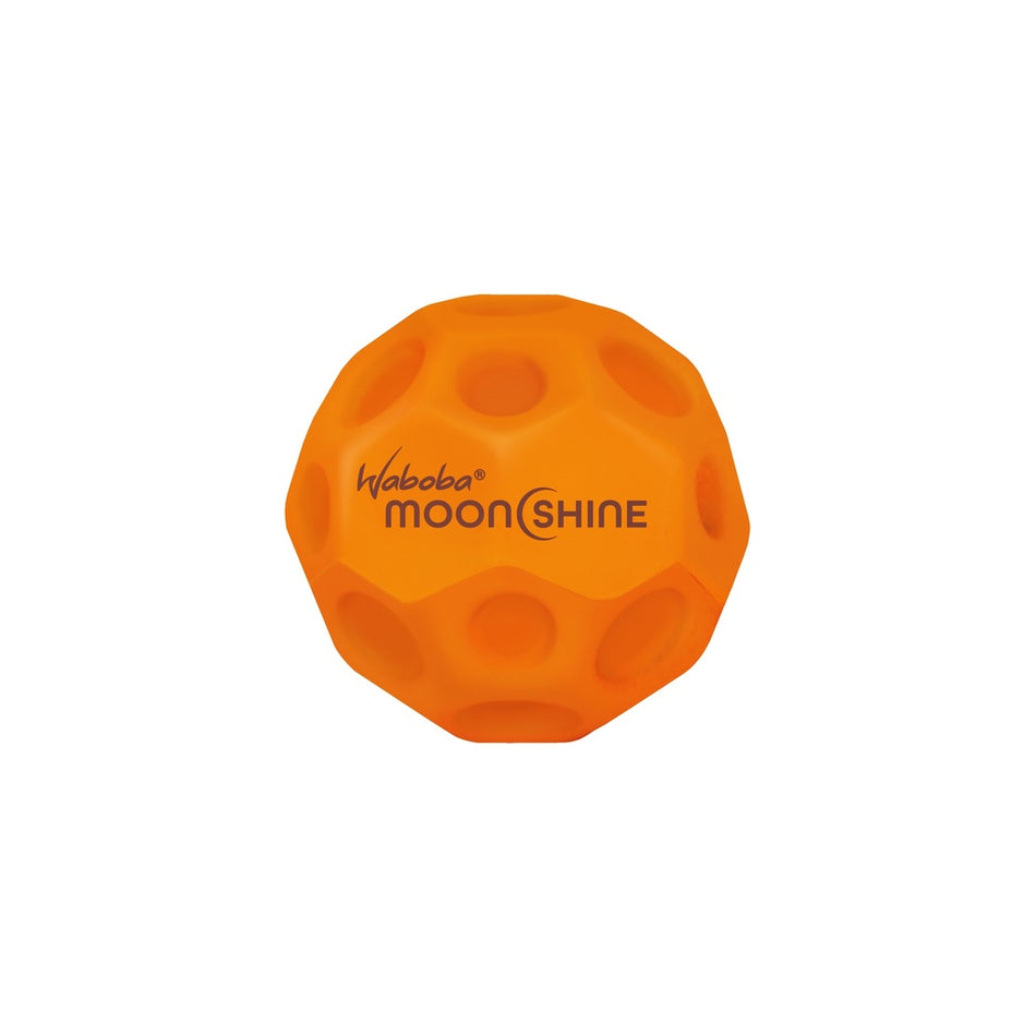 An orange Waboba Moon Shine Ball from Waboba with a dimpled rubber design, featuring hyper bounce and light-up action, is shown on a white background.
