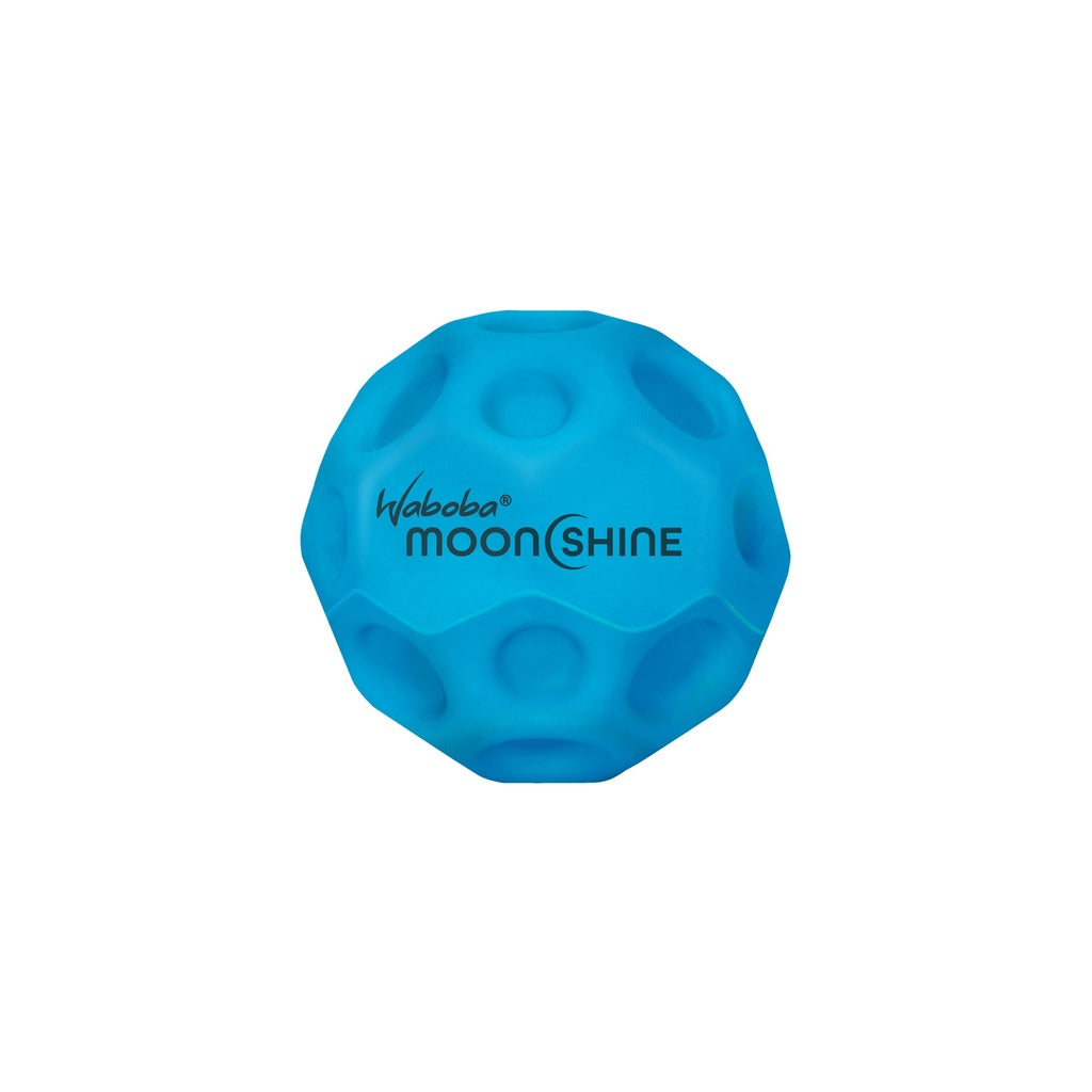 The Waboba Moon Shine Ball by Waboba is a bright blue, dimpled ball with "Waboba Moonshine" in black text, designed for hyper bounce fun and shown against a plain white background.