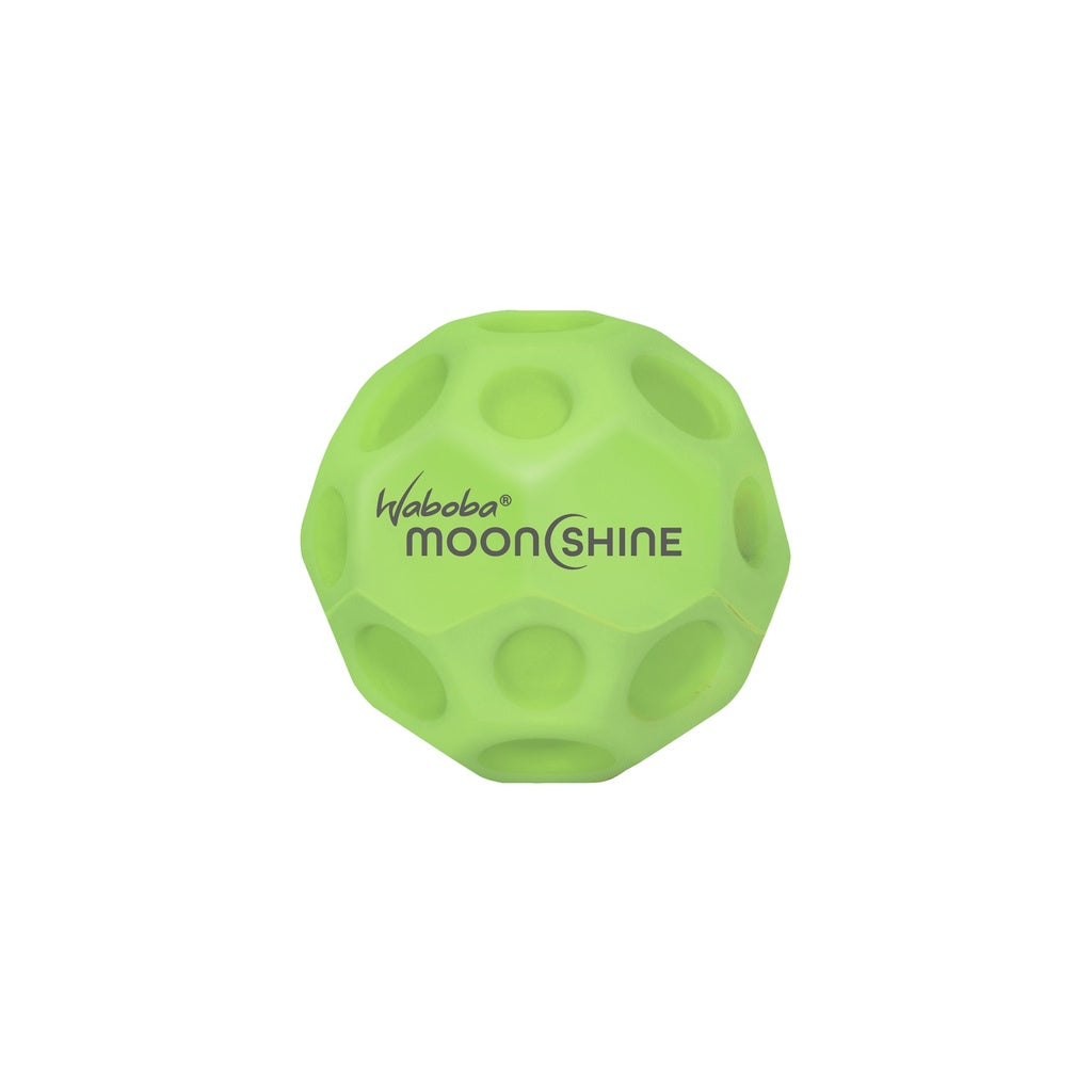 A green Waboba Moon Shine Ball by Waboba is shown against a white background. This light-up ball features multiple indentations and delivers hyper bounce for endless fun.