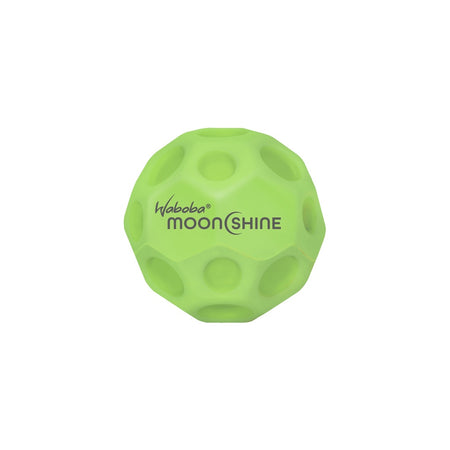 A green Waboba Moon Shine Ball by Waboba is shown against a white background. This light-up ball features multiple indentations and delivers hyper bounce for endless fun.