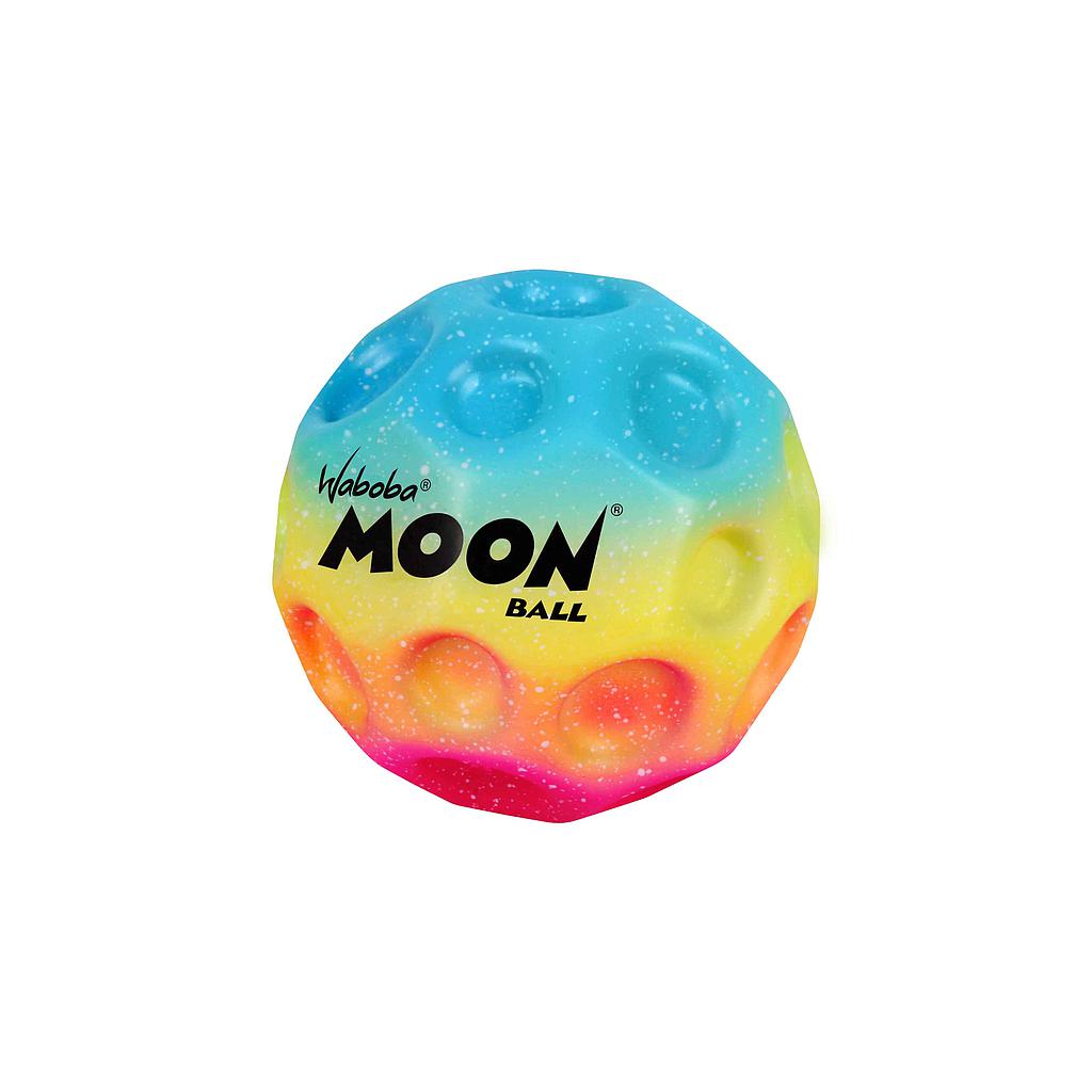 The Waboba Gradient Moon Ball by Waboba features a high bounce, dimpled surface, and cosmic gradient colors—blue, yellow, and pink—with "Waboba MOON BALL" printed in black on its vibrant exterior.