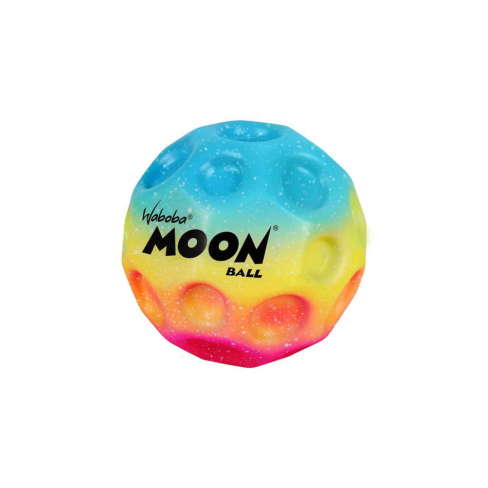 The Waboba Gradient Moon Ball by Waboba features a high bounce, dimpled surface, and cosmic gradient colors—blue, yellow, and pink—with "Waboba MOON BALL" printed in black on its vibrant exterior.