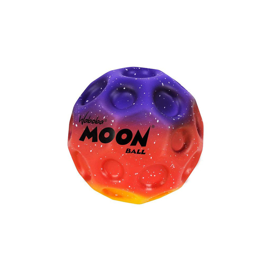 The Waboba Gradient Moon Ball is a colorful, high-bouncing ball with crater-like indentations, featuring cosmic purple, orange, and yellow colors.
