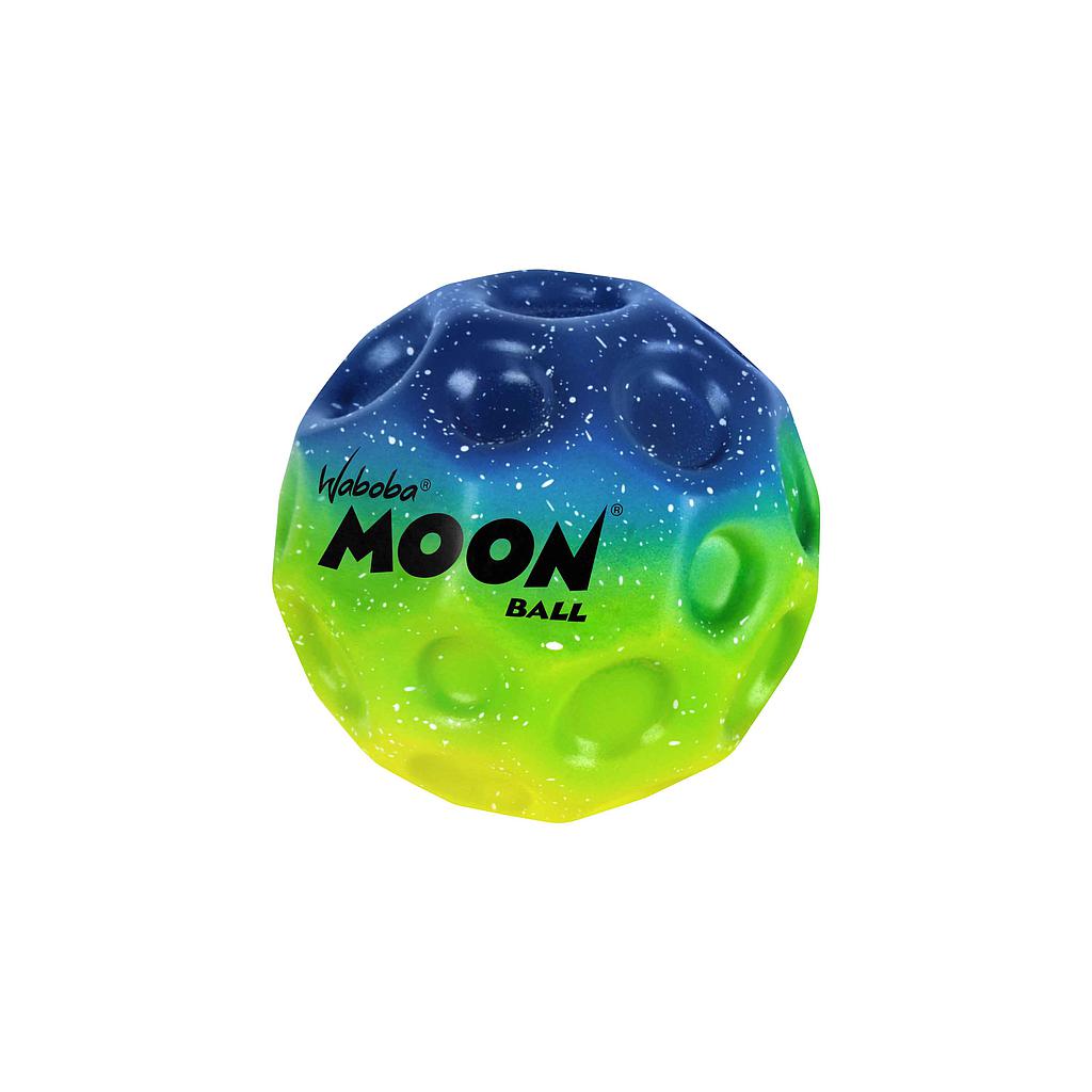 The Waboba Gradient Moon Ball by Waboba features a cratered texture, high bounce, and cosmic blue, green, and yellow gradient colors with white speckles. "Waboba MOON BALL" is printed on its surface.
