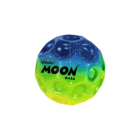 The Waboba Gradient Moon Ball by Waboba features a cratered texture, high bounce, and cosmic blue, green, and yellow gradient colors with white speckles. "Waboba MOON BALL" is printed on its surface.