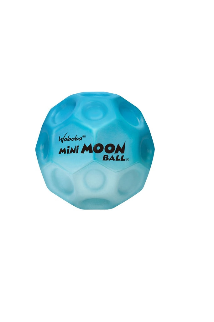 A blue Waboba Mini Moon Ball by Waboba, featuring a dimpled surface and the product name in black, is displayed on a plain white background.