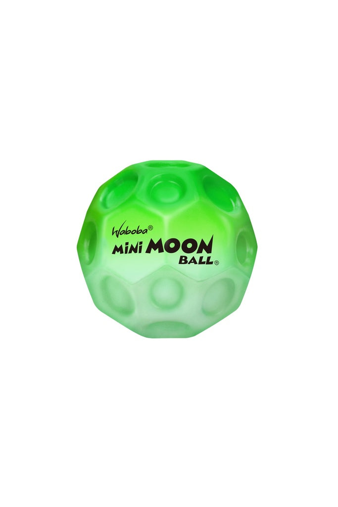 A green Waboba Mini Moon Ball by Waboba is shown against a white background. Featuring multiple circular dimples, this super high-bouncing ball is part of the popular Moon Balls collection.