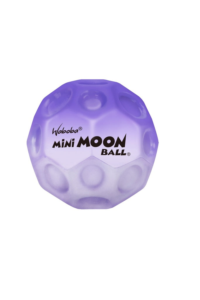 The Waboba Mini Moon Ball by Waboba is a small, purple ball with crater-like texture and "mini MOON BALL" printed on it, known for its super high bounce. The ball stands out against a plain white background.
