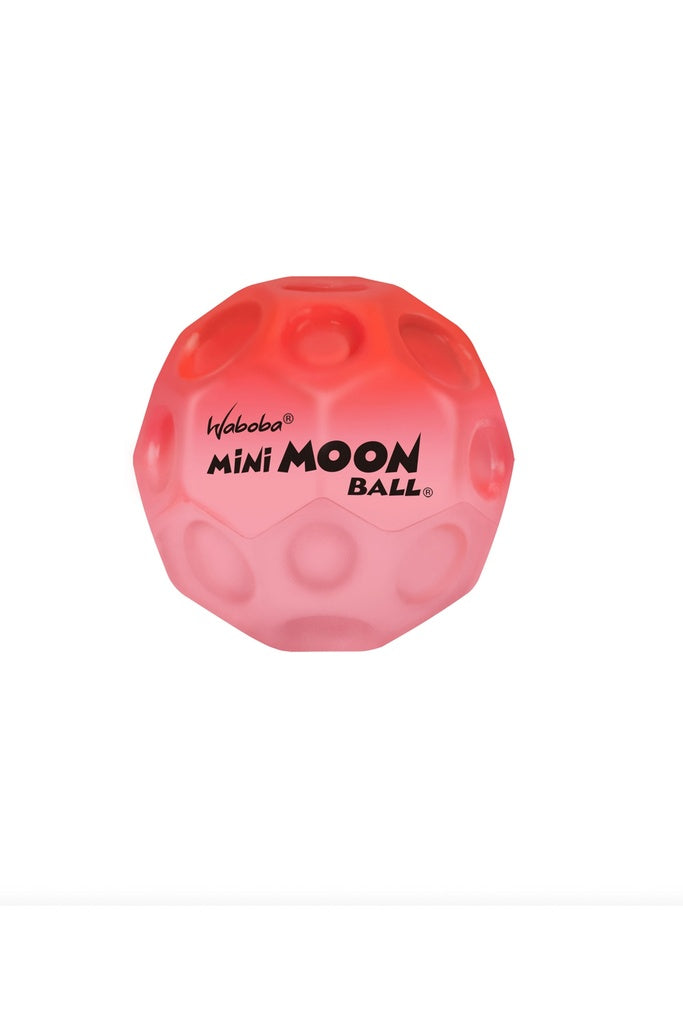 A red Waboba Mini Moon Ball by Waboba, known for its super high bounce and circular cratered surface with the product name in black letters, is small and ideal for play. It’s shown against a plain white background.