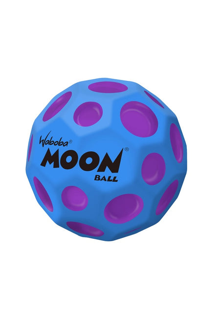 A Hyper Blue Waboba Martian Moon Ball with large purple circular indents and "Waboba MOON BALL" printed in black is displayed against a plain white background.