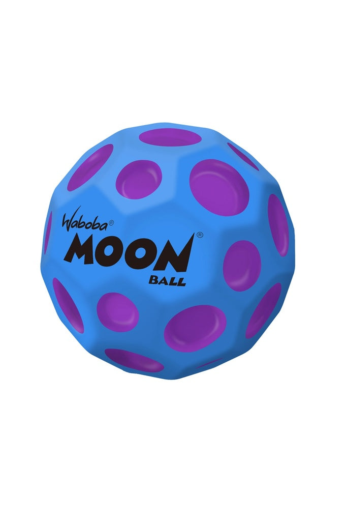A Hyper Blue Waboba Martian Moon Ball with large purple circular indents and "Waboba MOON BALL" printed in black is displayed against a plain white background.