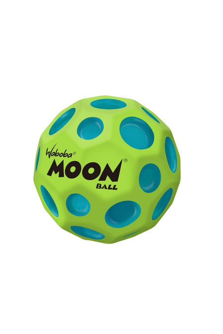 A Hyper Green Waboba Martian Moon Ball with blue circular indents and "Waboba Moon Ball" in black on one side, shown on a plain white background—this high-bouncing ball promises out-of-this-world fun.