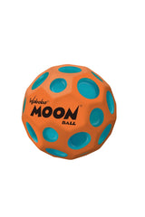 A Hyper Orange Waboba Martian Moon Ball by Waboba, featuring high bounce, blue circular indents, and MOON BALL text in black, is displayed against a white background.