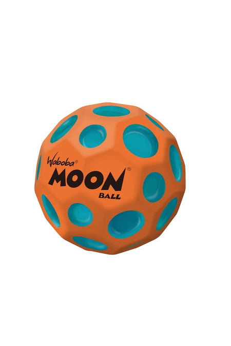 A Hyper Orange Waboba Martian Moon Ball by Waboba, featuring high bounce, blue circular indents, and MOON BALL text in black, is displayed against a white background.