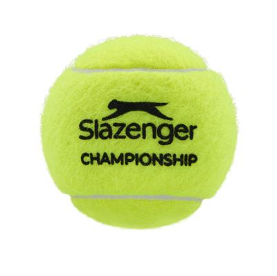 The Slazenger Championship 4 Ball Tube features bright yellow tennis balls with black branding, white curved seams, and a fuzzy, water-resistant surface for reliable play on any court.
