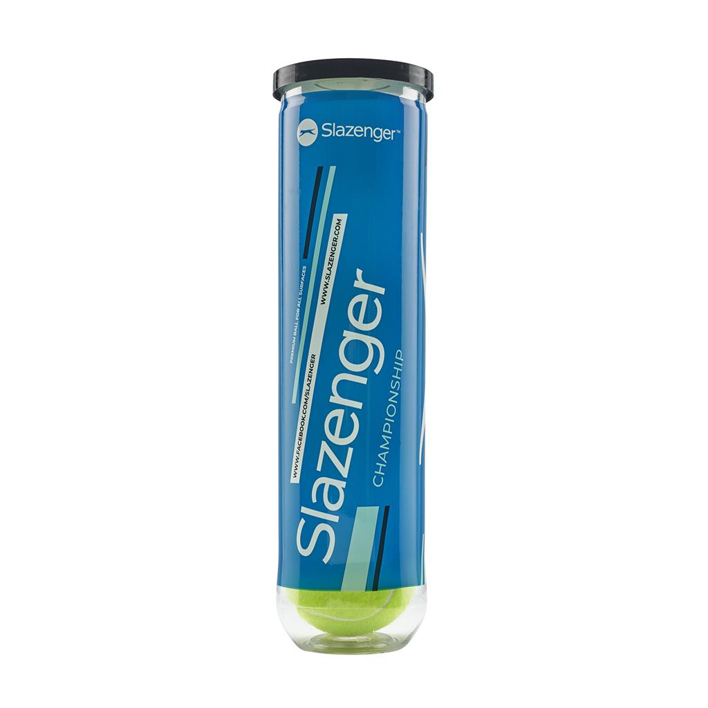 The Slazenger Championship 4 Ball Tube is a cylindrical blue and clear plastic container with a black lid, showcasing water-resistant, all-court tennis balls from Slazenger. One Slazenger tennis ball is visible inside.
