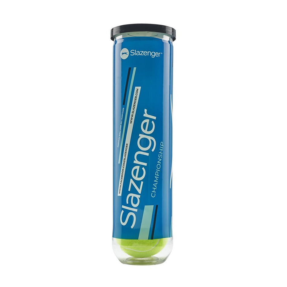 The Slazenger Championship 4 Ball Tube is a cylindrical blue and clear plastic container with a black lid, showcasing water-resistant, all-court tennis balls from Slazenger. One Slazenger tennis ball is visible inside.