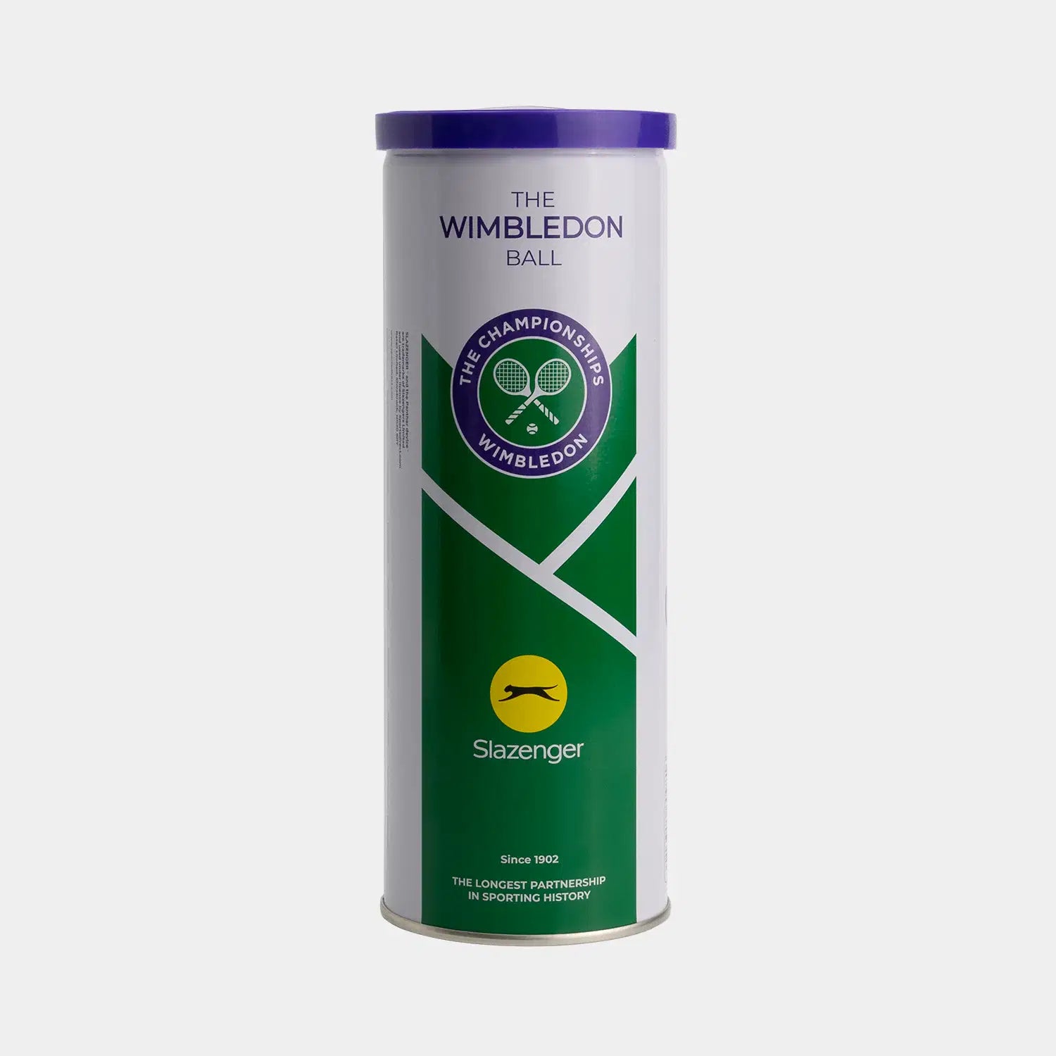 The Slazenger Wimbledon 3 Ball Tin features a white and green cylindrical design with the Wimbledon and Slazenger logos, highlighting their official partnership for the tournament.