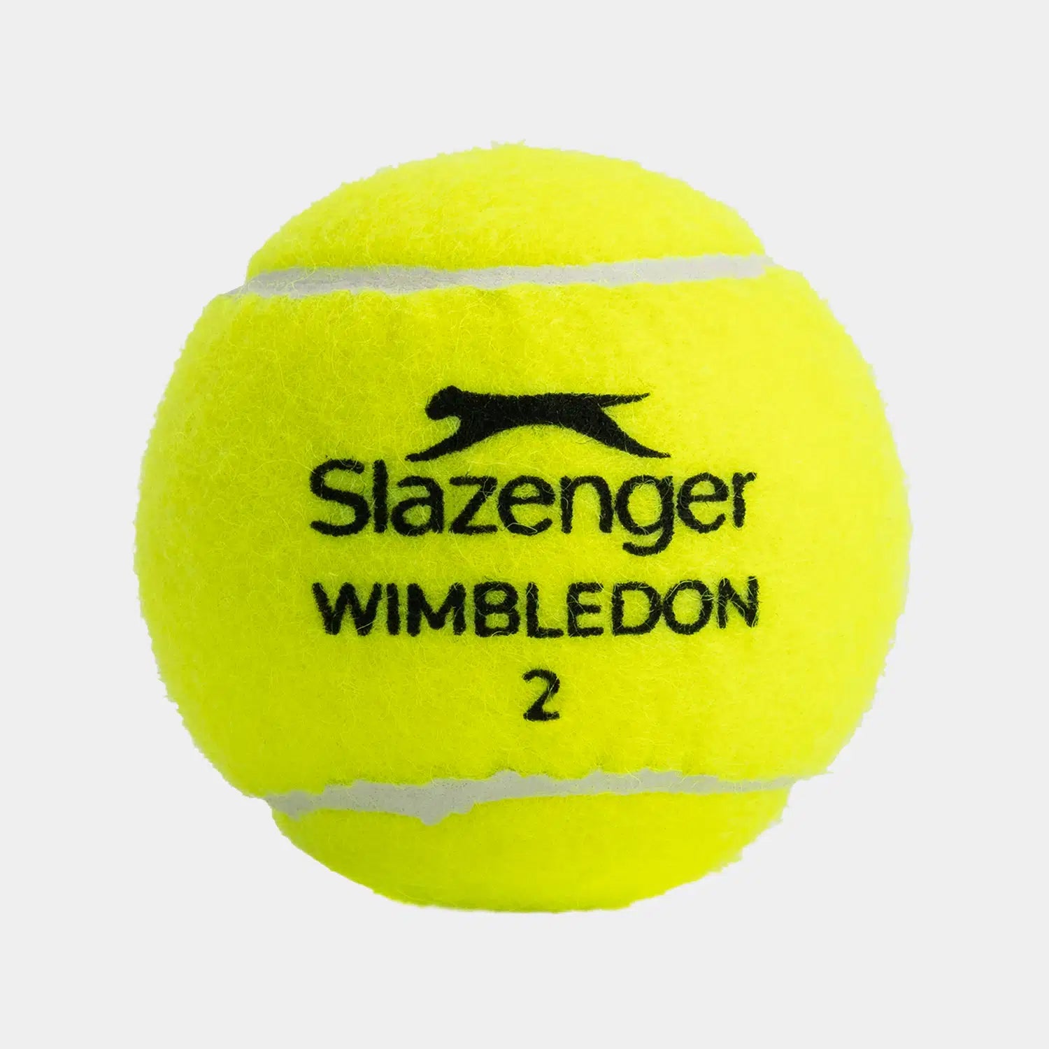 A bright yellow Slazenger Wimbledon tennis ball from the 3 Ball Tin, featuring white seams and a black Slazenger panther logo with "Wimbledon" and the number 2—ideal for grass court matches.