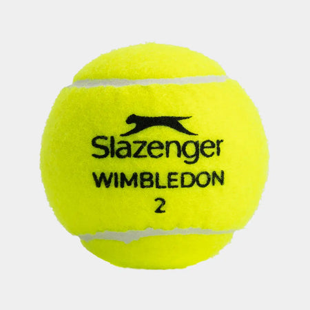 A bright yellow Slazenger Wimbledon tennis ball from the 3 Ball Tin, featuring white seams and a black Slazenger panther logo with "Wimbledon" and the number 2—ideal for grass court matches.
