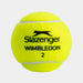 A bright yellow Slazenger Wimbledon tennis ball from the 3 Ball Tin, featuring white seams and a black Slazenger panther logo with "Wimbledon" and the number 2—ideal for grass court matches.