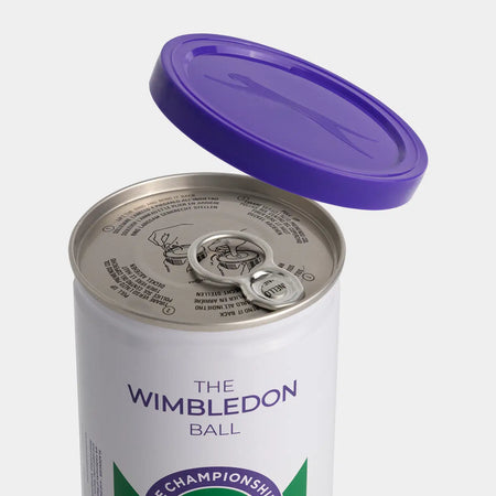 A Slazenger Wimbledon 3 Ball Tin features a white canister with the product name and brand, plus a partially opened purple lid and metal pull tab top.