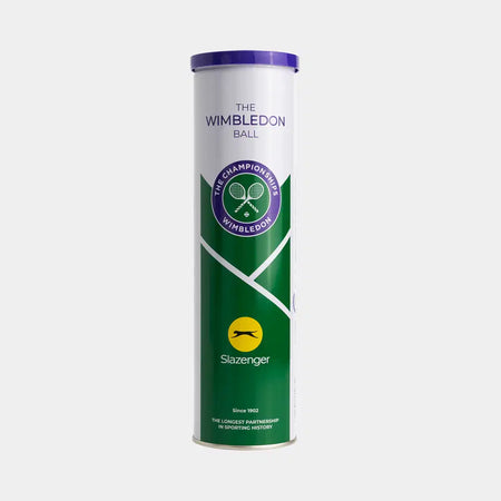 The Slazenger Wimbledon 4 Ball Tin – Six Dozen Balls (18 Tins) features premium grass court tennis balls in classic green and white tins with the Wimbledon logo, perfect for dedicated players seeking official Slazenger quality.