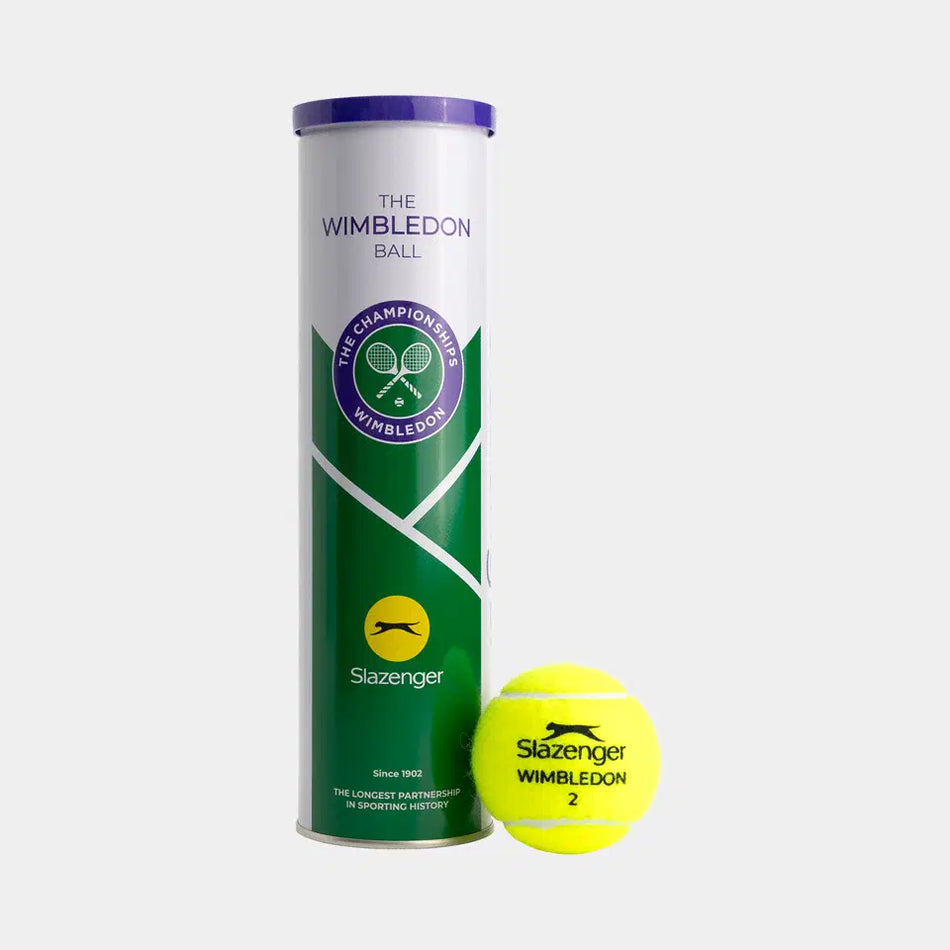 A Slazenger Wimbledon 4 Ball Tin - One Dozen Balls (3 Tins) stands upright next to a single yellow official ball marked Slazenger Wimbledon 2, displayed on a plain white background.