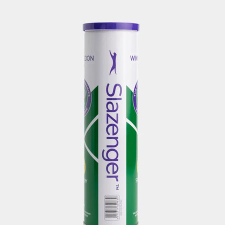 The Slazenger Wimbledon 4 Ball Tin features a green and white cylindrical design with a purple lid and vertical Slazenger branding. Available as six dozen balls (18 tins), these are the official balls for grass court play at Wimbledon.