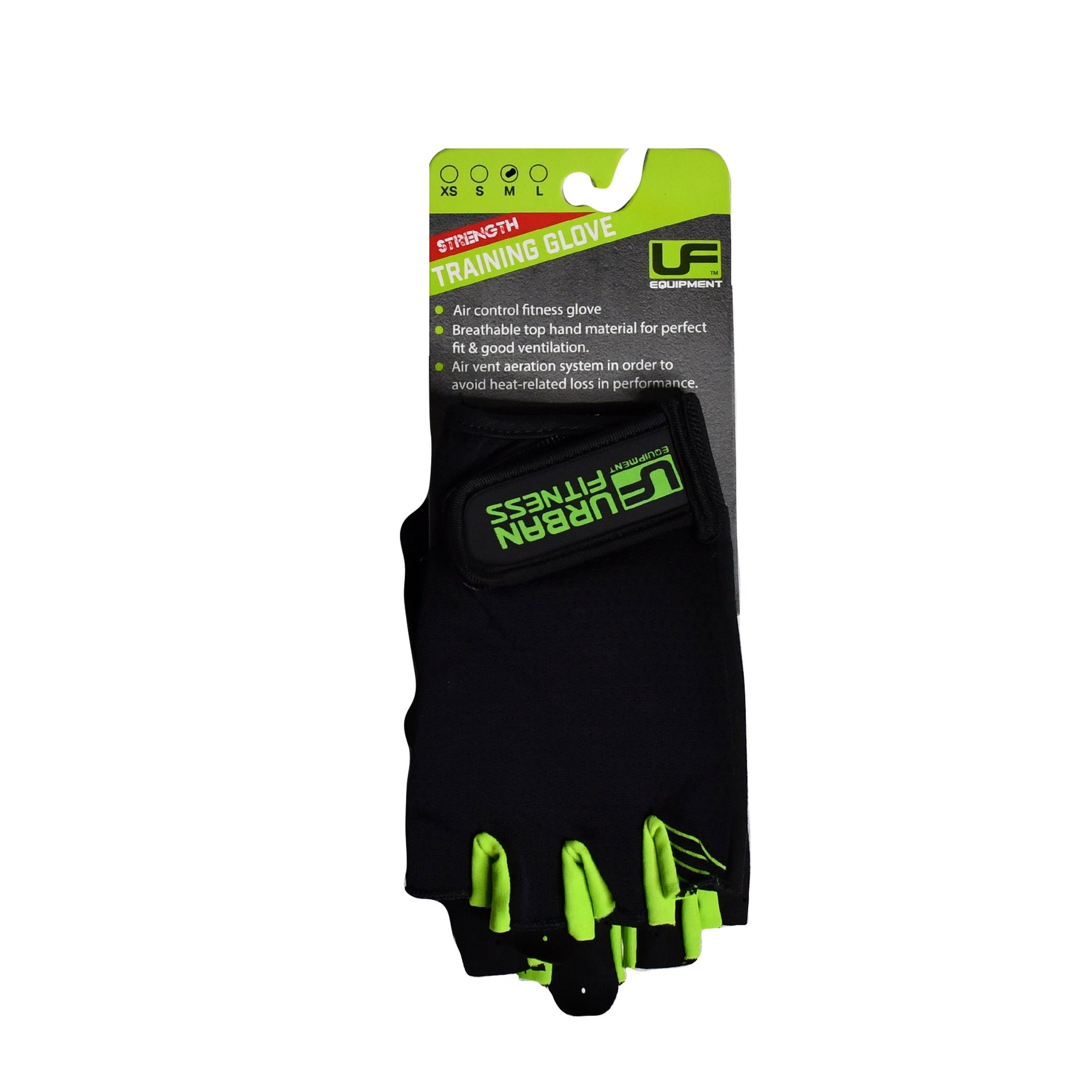 The Urban Fitness Training Glove by Urban Fitness features a black and neon green design, adjustable wrist strap, breathable ventilation for comfort, and has product details printed on the packaging tag above the gloves.