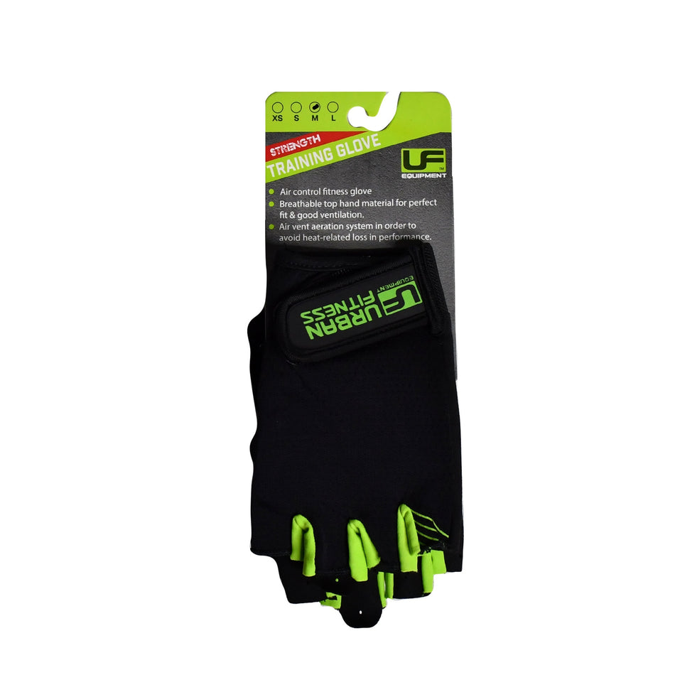 The Urban Fitness Training Glove by Urban Fitness features a black and neon green design, adjustable wrist strap, breathable ventilation for comfort, and has product details printed on the packaging tag above the gloves.