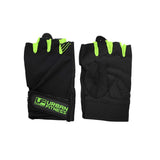 The Urban Fitness Training Glove, by Urban Fitness, is a pair of black breathable workout gloves with bright green accents and branded wrist straps, shown front and back on a white background.