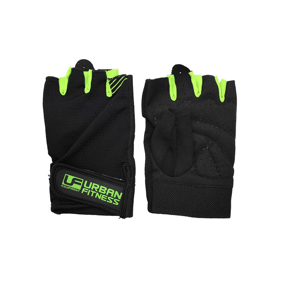 The Urban Fitness Training Glove, by Urban Fitness, is a pair of black breathable workout gloves with bright green accents and branded wrist straps, shown front and back on a white background.