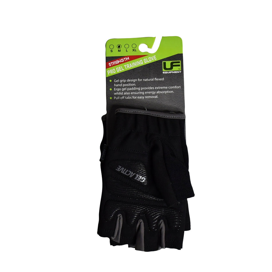 A pair of black, fingerless Urban Fitness Pro Gel Training Gloves by Urban Fitness, with a packaging label highlighting secure grip, gel hand padding, and pull-off tabs for easy removal.