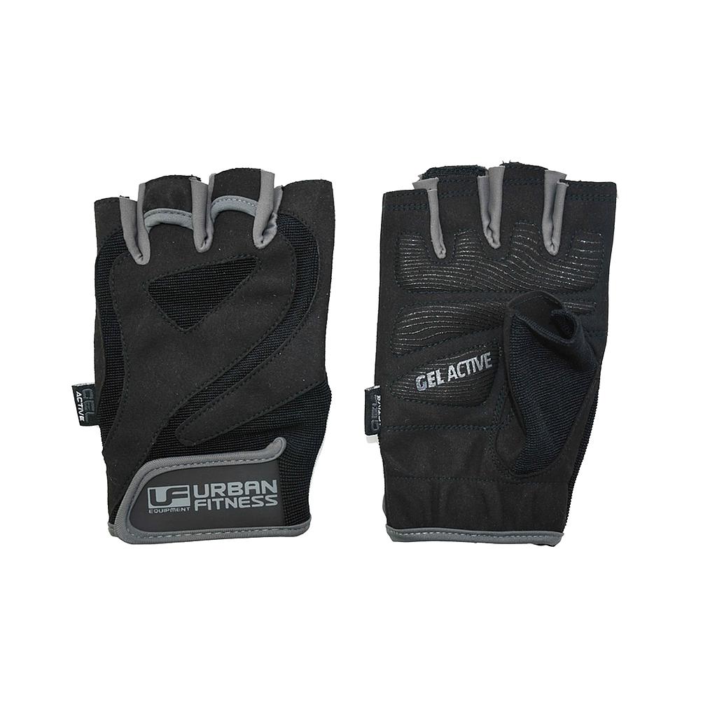 The Urban Fitness Pro Gel Training Glove by Urban Fitness is a black, fingerless glove with grey trim, gel padding, mesh panels, and secure grip—ideal for workouts. The left glove features the brand logo; the right reads Gel Active.
