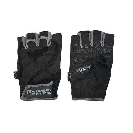 The Urban Fitness Pro Gel Training Glove by Urban Fitness is a black, fingerless glove with grey trim, gel padding, mesh panels, and secure grip—ideal for workouts. The left glove features the brand logo; the right reads Gel Active.