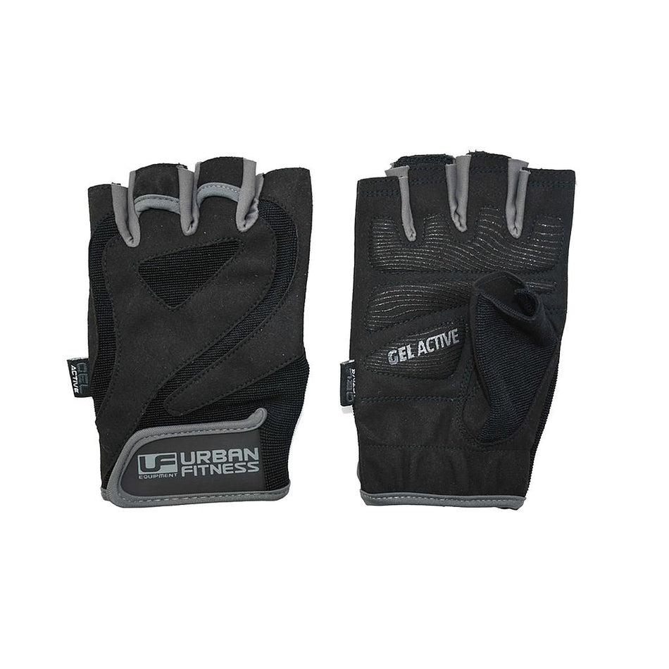 The Urban Fitness Pro Gel Training Glove by Urban Fitness is a black, fingerless glove with grey trim, gel padding, mesh panels, and secure grip—ideal for workouts. The left glove features the brand logo; the right reads Gel Active.